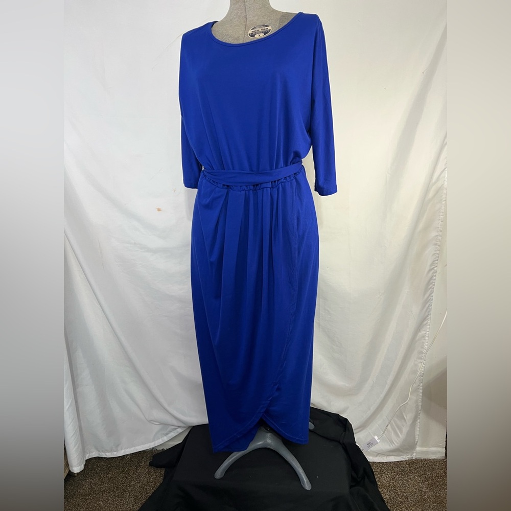 Qearal Women's Elastic Waist Slit Long Belted Maxi Dress Blue Size‎ XL